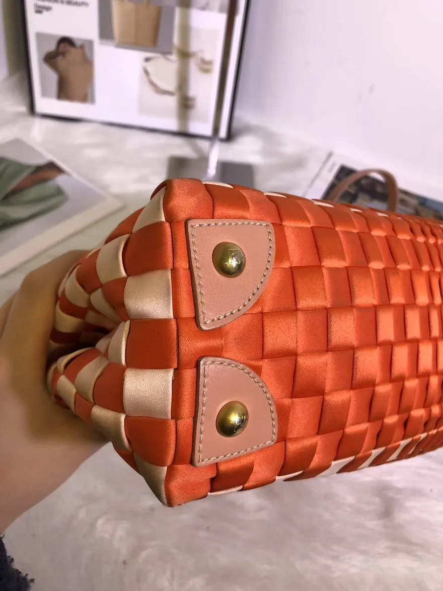 Fendi Peekaboo Orange Checkered Leather Top Handle Bag