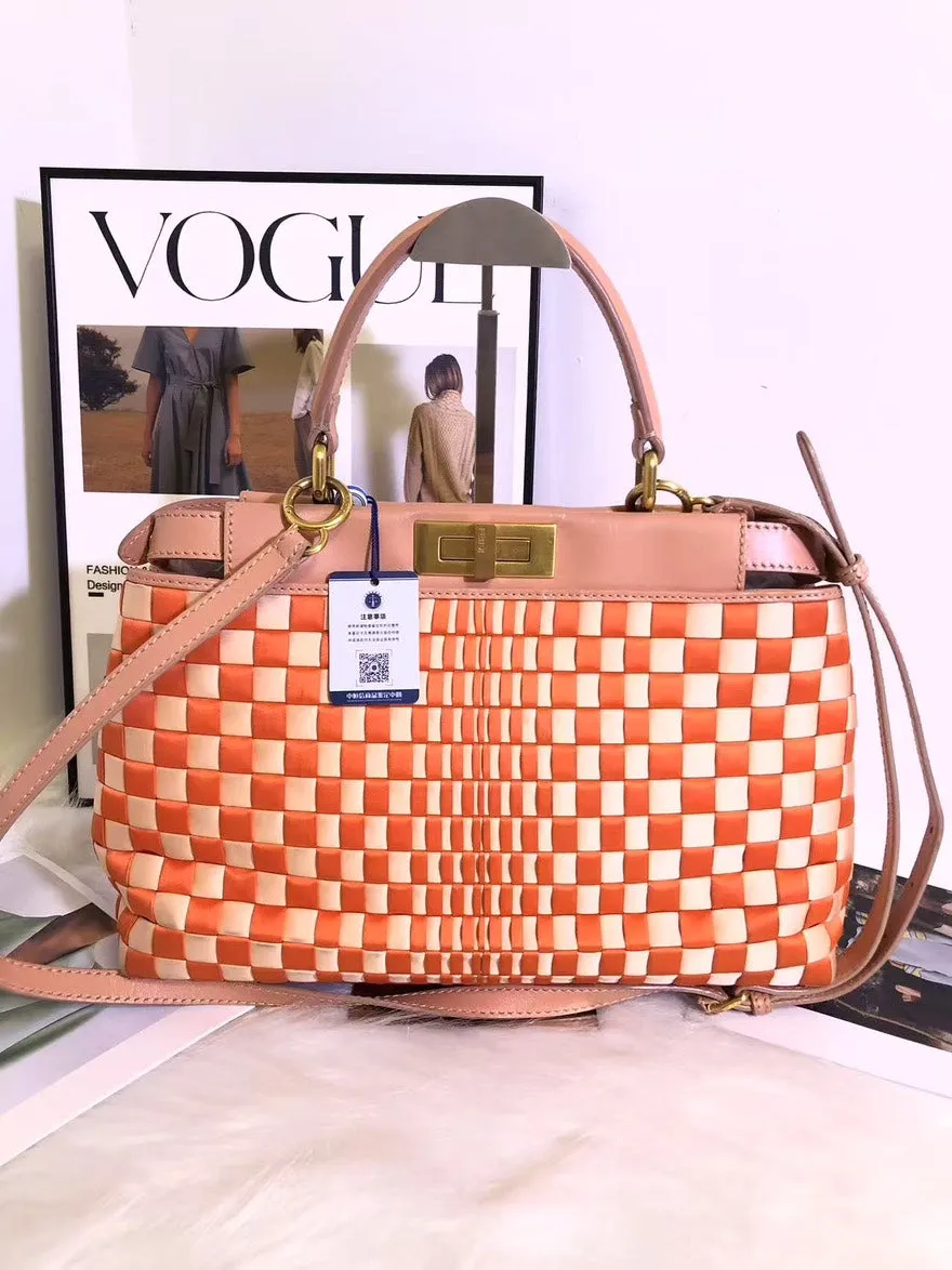 Fendi Peekaboo Orange Checkered Leather Top Handle Bag