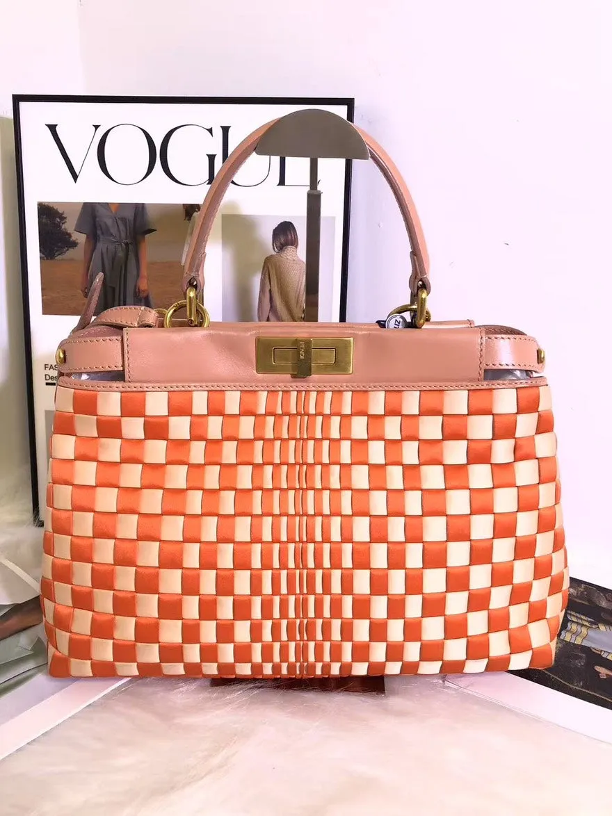 Fendi Peekaboo Orange Checkered Leather Top Handle Bag