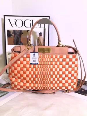 Fendi Peekaboo Orange Checkered Leather Top Handle Bag