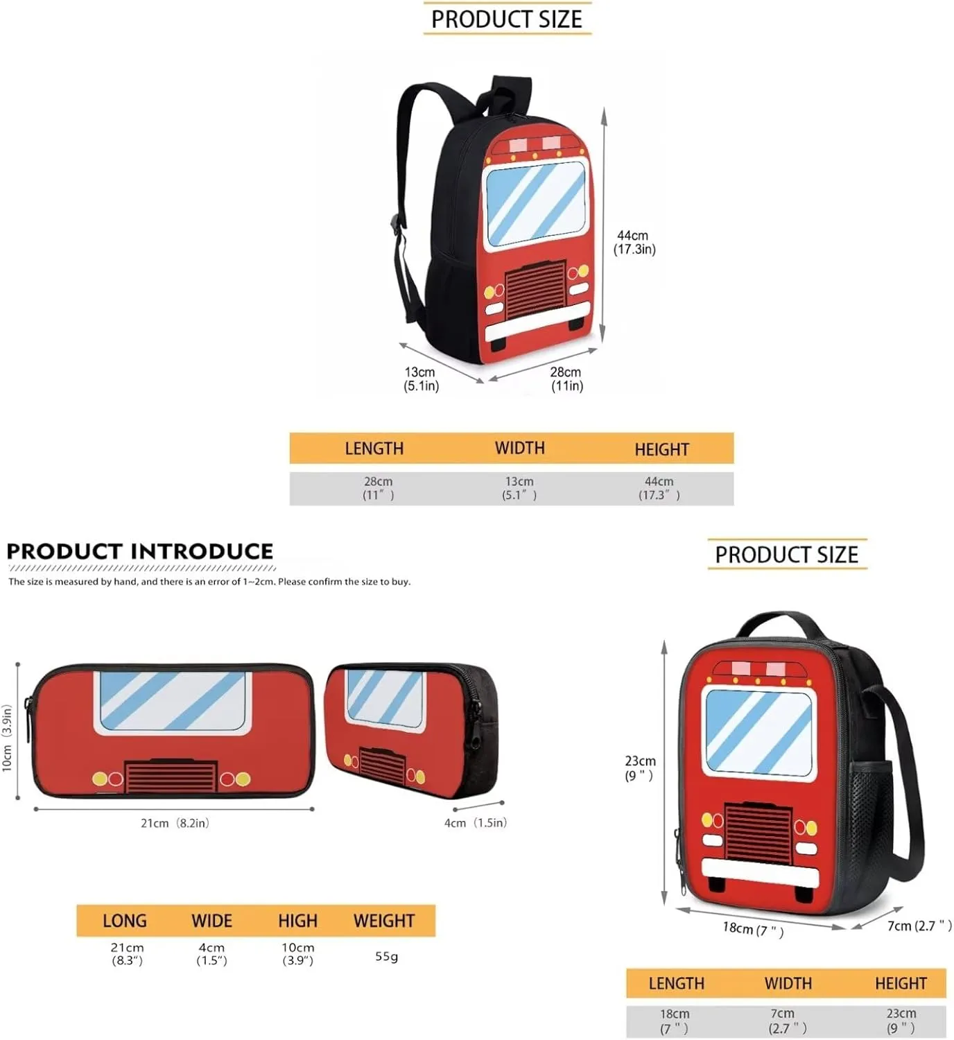 Fire Engine Red Kids Backpack Set with Lunch Box and Pencil Case 3 Piece School Book Bags