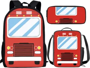 Fire Engine Red Kids Backpack Set with Lunch Box and Pencil Case 3 Piece School Book Bags