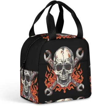 Flames Skull Wrench Cross Mechanic Funny Reusable Lunch Bag Insulated Tote Box Cooler Food Handbags Case For Women Men 8.5 X 8 X 5 Inches