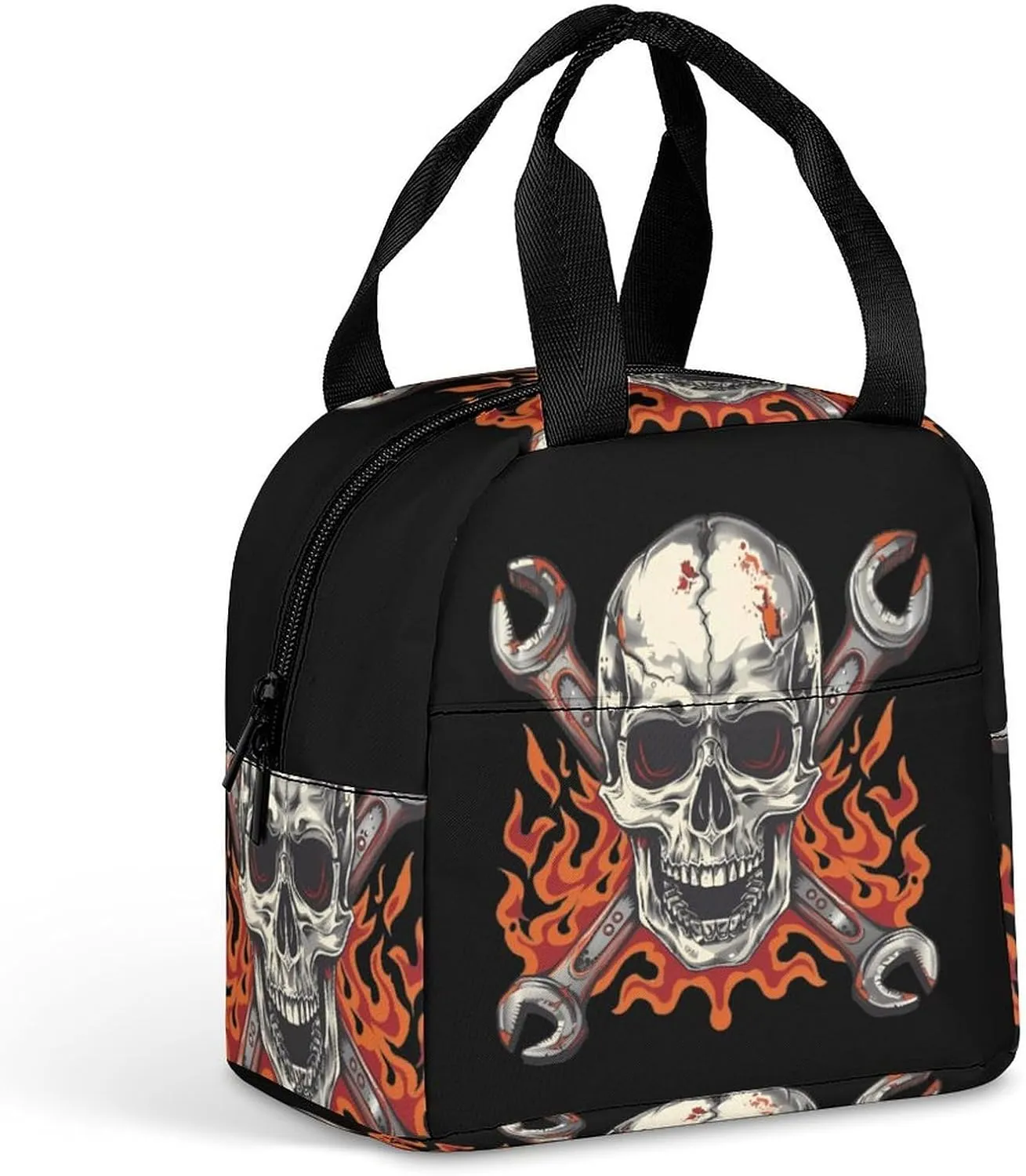 Flames Skull Wrench Cross Mechanic Funny Reusable Lunch Bag Insulated Tote Box Cooler Food Handbags Case For Women Men 8.5 X 8 X 5 Inches