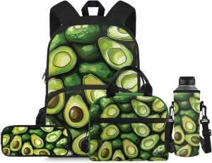 Flashideas Avocado Print School Backpack Set 4Pcs Kids Backpack for Boys 6-8 with Lunch Box Pencil Case and Water Bottle Case Cover Toddler Bookbag Multifunctional Pencil Case Child Backpacks