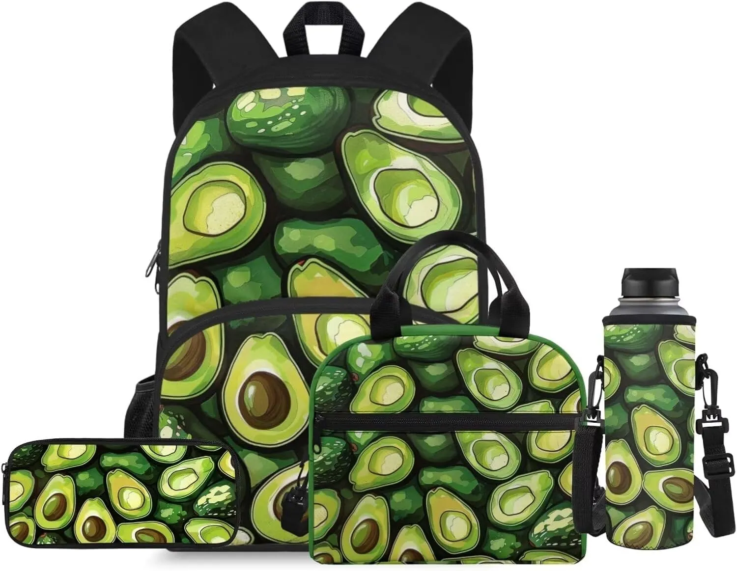 Flashideas Avocado Print School Backpack Set 4Pcs Kids Backpack for Boys 6-8 with Lunch Box Pencil Case and Water Bottle Case Cover Toddler Bookbag Multifunctional Pencil Case Child Backpacks