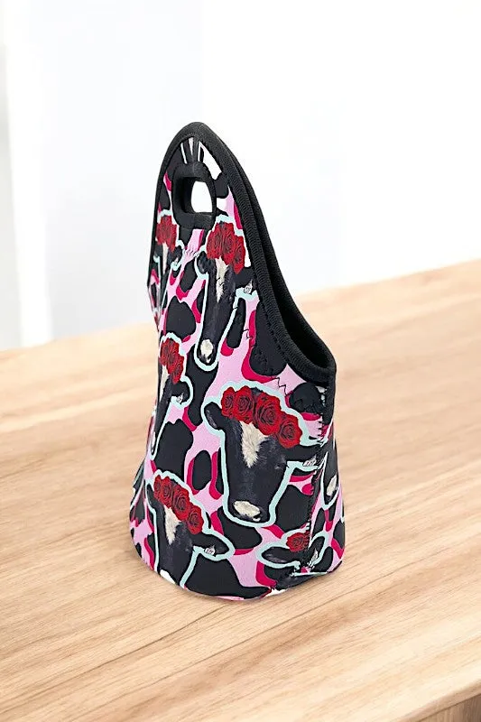 Floral Cow Head Print Insulated Lunch Bag