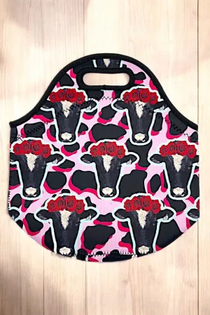 Floral Cow Head Print Insulated Lunch Bag