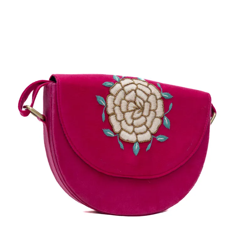 Floral hand embroidered pink lune bag