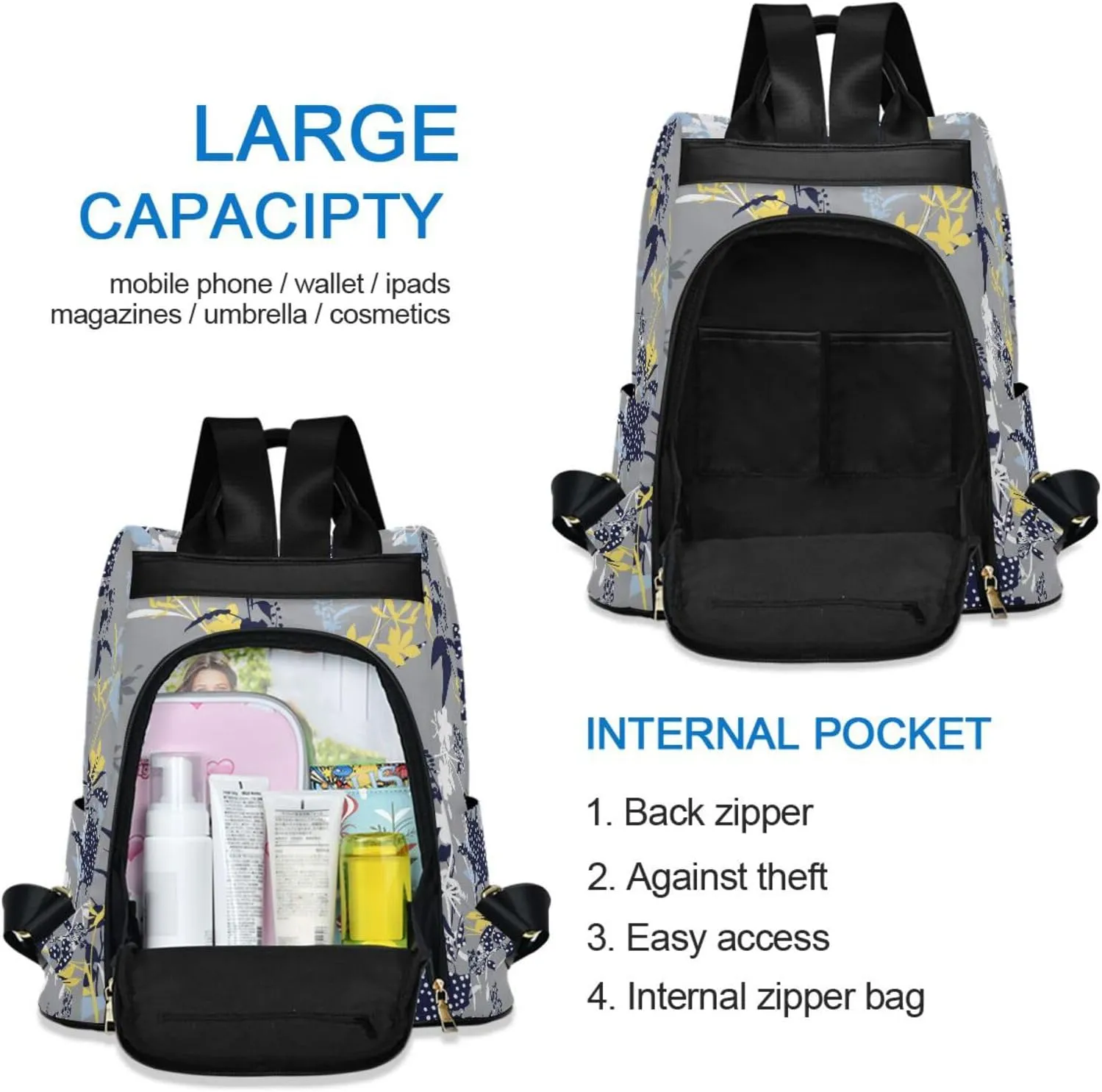 Flower Print Anti-theft Backpack Handbags for Women Travel Rucksack Lightweight Shoulder Bags 13.4 X 5.9 X 15in Pattern 3