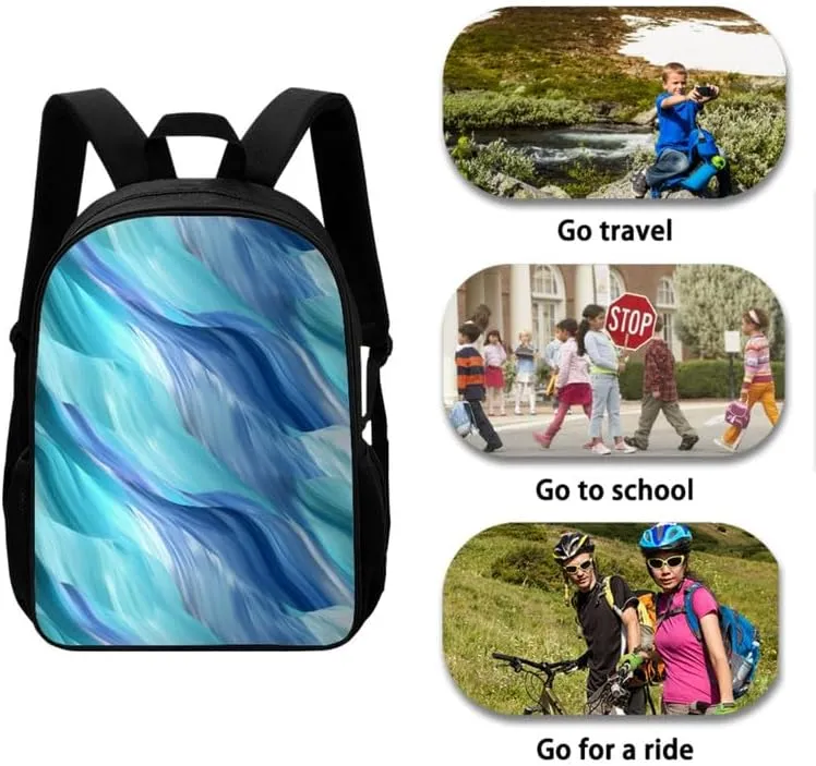 Fluid Art Fade Blue School Backpack Boys Girls Kids School Bookbag Set with Liquid Line Painting Lunch Box and Pencil Case for Kids Boys Girls Back to School Gifts