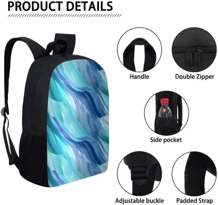 Fluid Art Fade Blue School Backpack Boys Girls Kids School Bookbag Set with Liquid Line Painting Lunch Box and Pencil Case for Kids Boys Girls Back to School Gifts