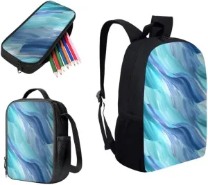 Fluid Art Fade Blue School Backpack Boys Girls Kids School Bookbag Set with Liquid Line Painting Lunch Box and Pencil Case for Kids Boys Girls Back to School Gifts