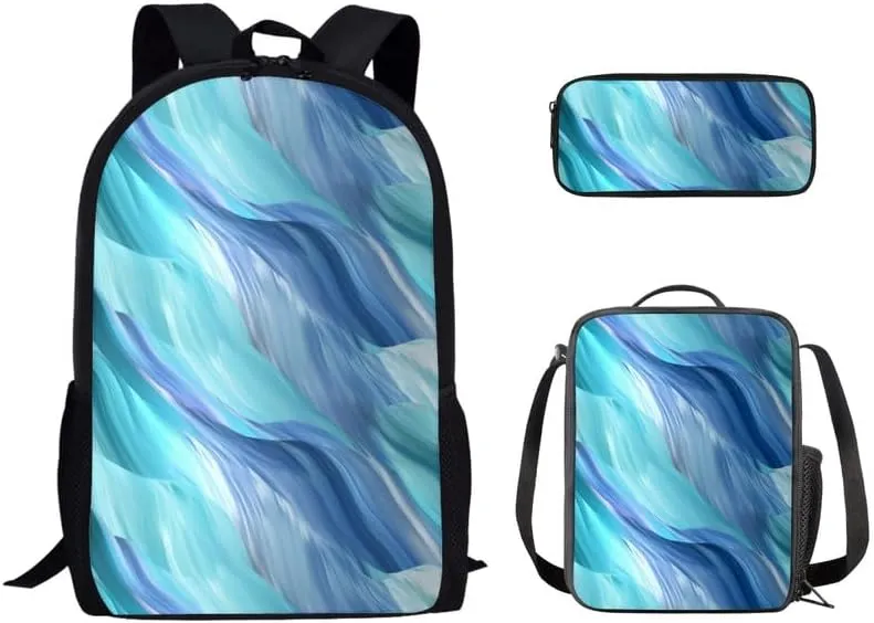 Fluid Art Fade Blue School Backpack Boys Girls Kids School Bookbag Set with Liquid Line Painting Lunch Box and Pencil Case for Kids Boys Girls Back to School Gifts