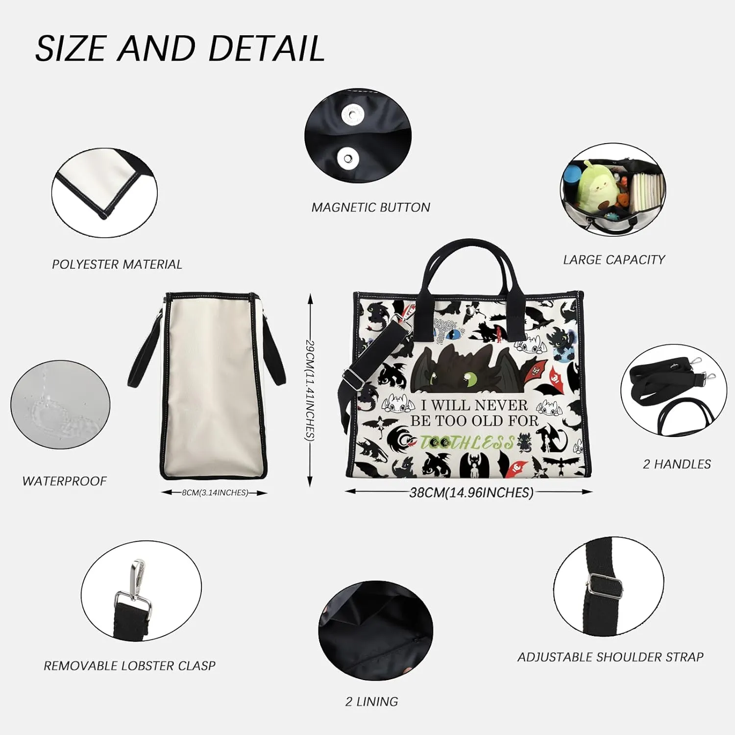 FOTAP Dragon Anime Tote Bag Black Dragon Gift Dragon Lover Shoulder Bag Anime Characters Lover Gift