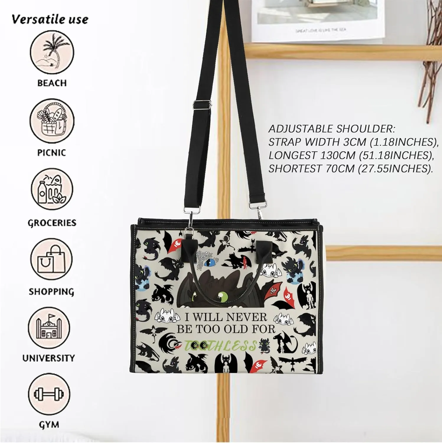 FOTAP Dragon Anime Tote Bag Black Dragon Gift Dragon Lover Shoulder Bag Anime Characters Lover Gift