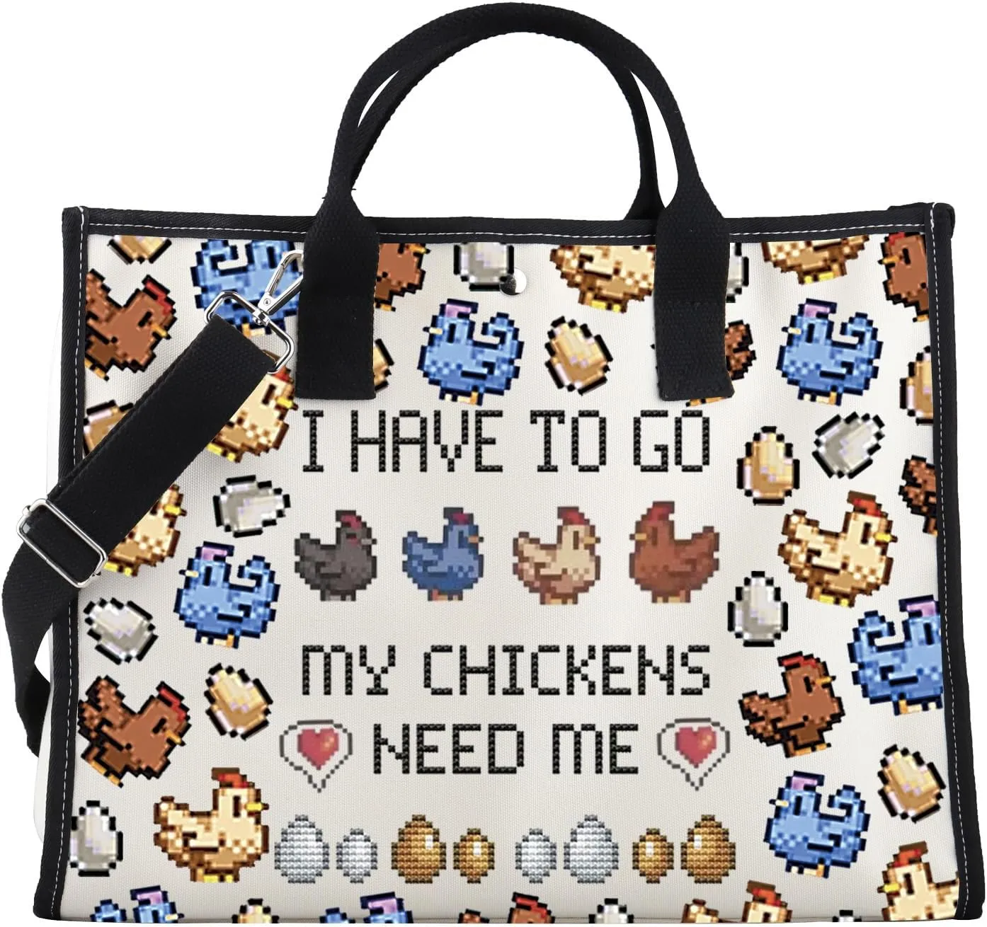 FOTAP Valley Game Inspired I Have To Go My Chicken Need Me Tote Bag Video Game Gifts Pixel Chicken Lover Gift Gamer Gift