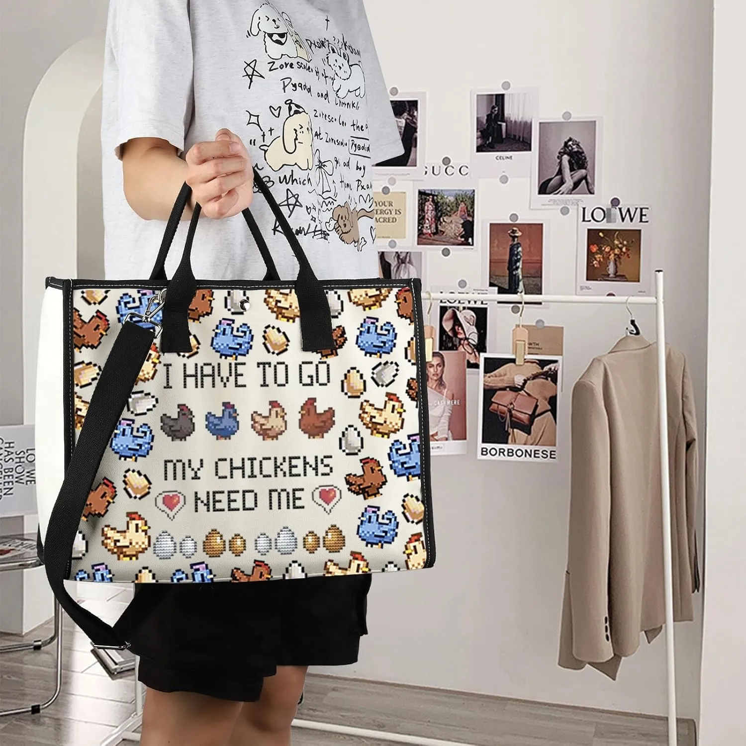 FOTAP Valley Game Inspired I Have To Go My Chicken Need Me Tote Bag Video Game Gifts Pixel Chicken Lover Gift Gamer Gift