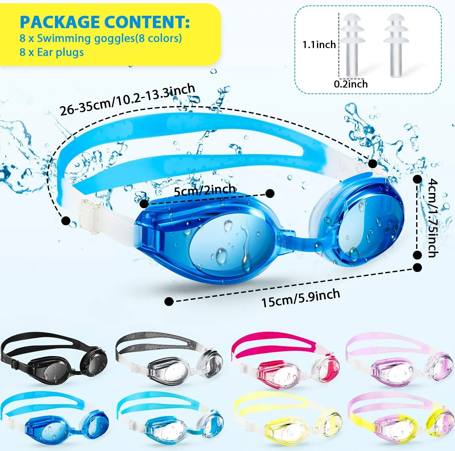 Frienda 8 Pcs Swim Goggles, Adjustable Silicone Swimming Goggles Crystal Clear Swim Glasses for Children and Teens