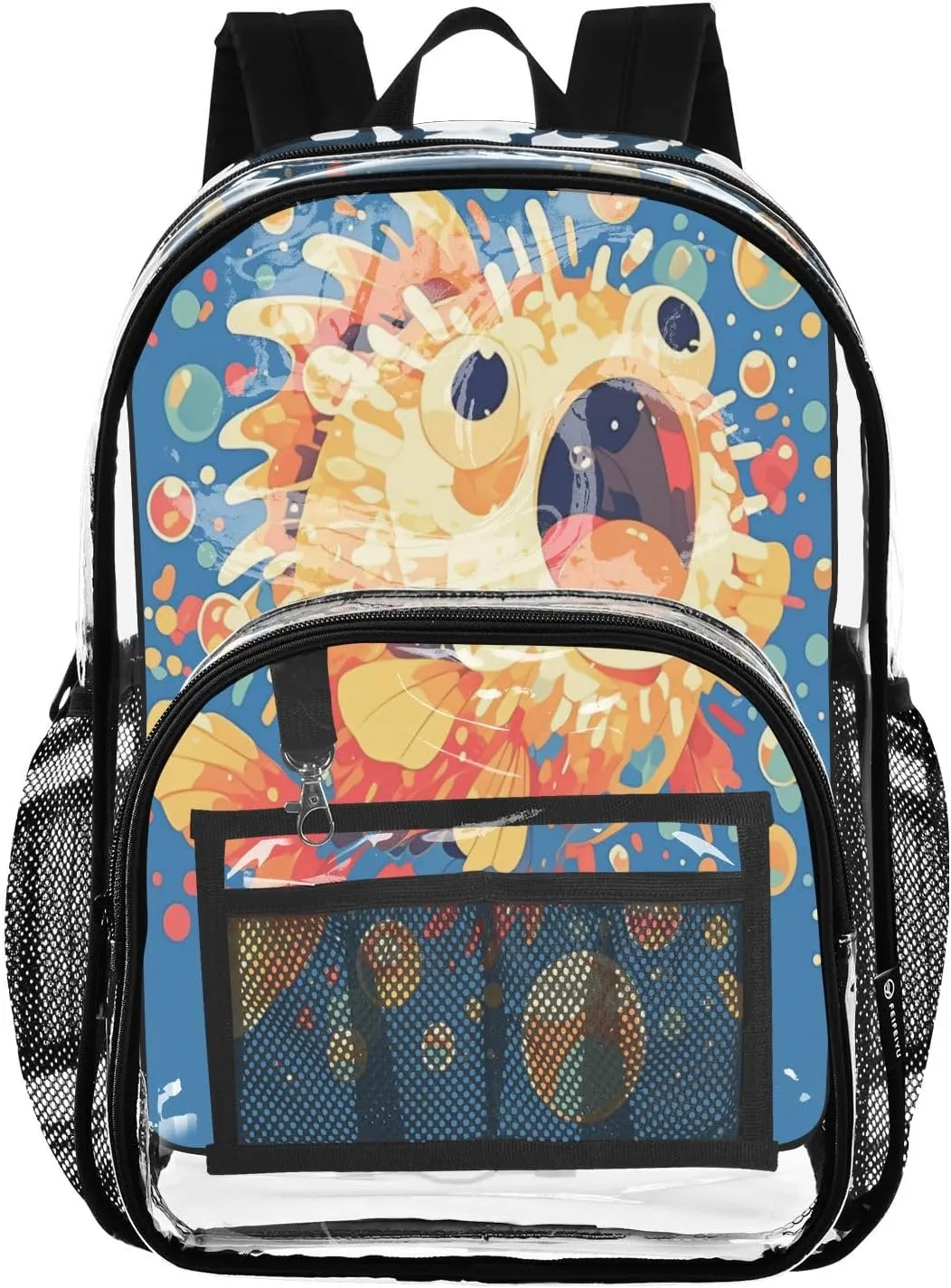 FRODOTGV Excited Puffer Fish Dark Blue Kids Clear Backpacks for School Clear Book Bags for Girls Boys See Through Transparent Heavy Duty Bag
