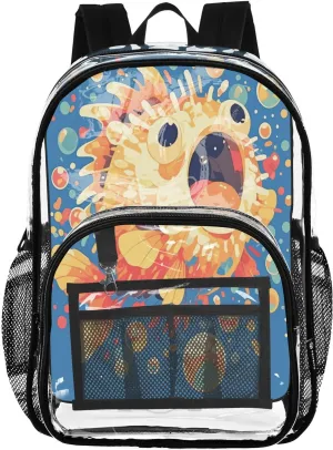 FRODOTGV Excited Puffer Fish Dark Blue Kids Clear Backpacks for School Clear Book Bags for Girls Boys See Through Transparent Heavy Duty Bag
