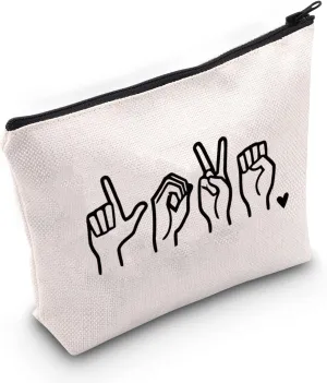 G2TUP American Sign Language Gift Love Sign Language Makeup Bag ASL Cosmetic Bag ASL Teacher Thank You Gift Deaf Community Gift Zipper Travel Bag (Love Sign Language White Bag)