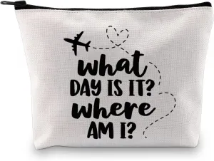 G2TUP Flight Attendant Gift What Day Is It Where Am I Makeup Bag Stewardess Aviation Cosmetic Bag Travel Bag for Stewardess Flight Crew (What Day Is It Where Am I White Bag)