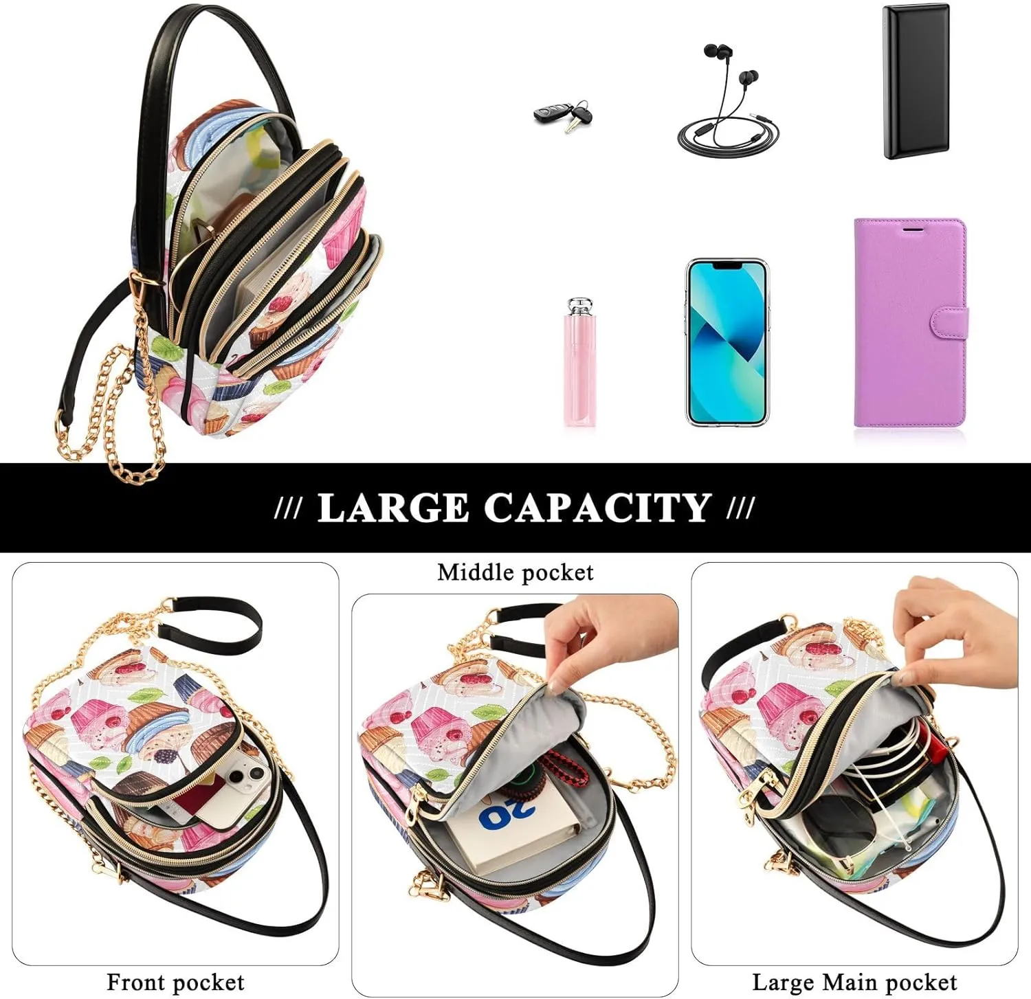 GAIGEO Beautiful Pink Cupcakes Lady Crossbody Bag, Long Strap Crossbody Bag, Crossbody Purse for Women