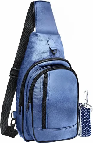 Genuine Leather Sling Bag for Women Crossbody Bag - Blue Metallic Travel Hiking Shoulder Cross Body Bag With Additional Strap