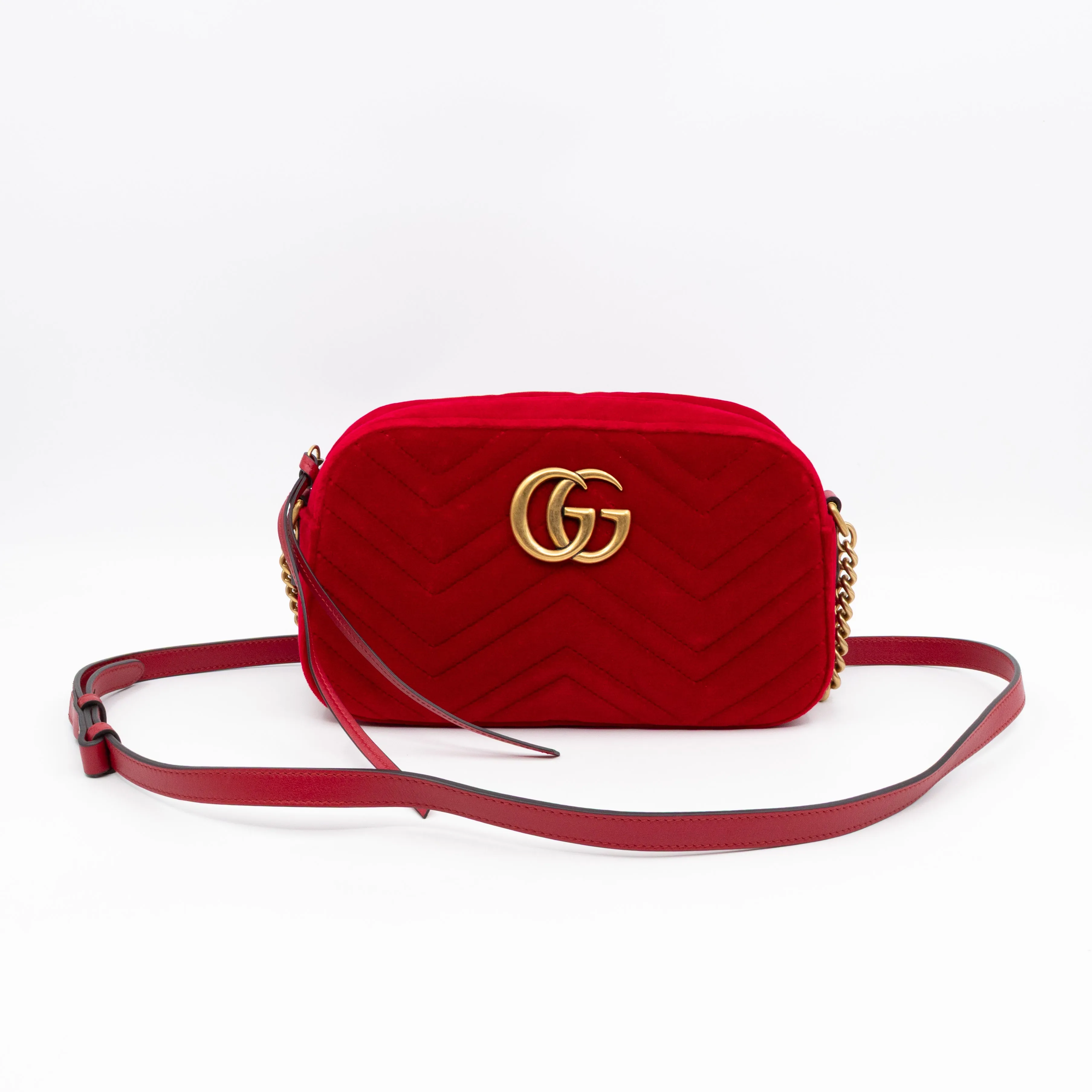 GG Marmont Small Camera Bag Red Velvet Aged Gold