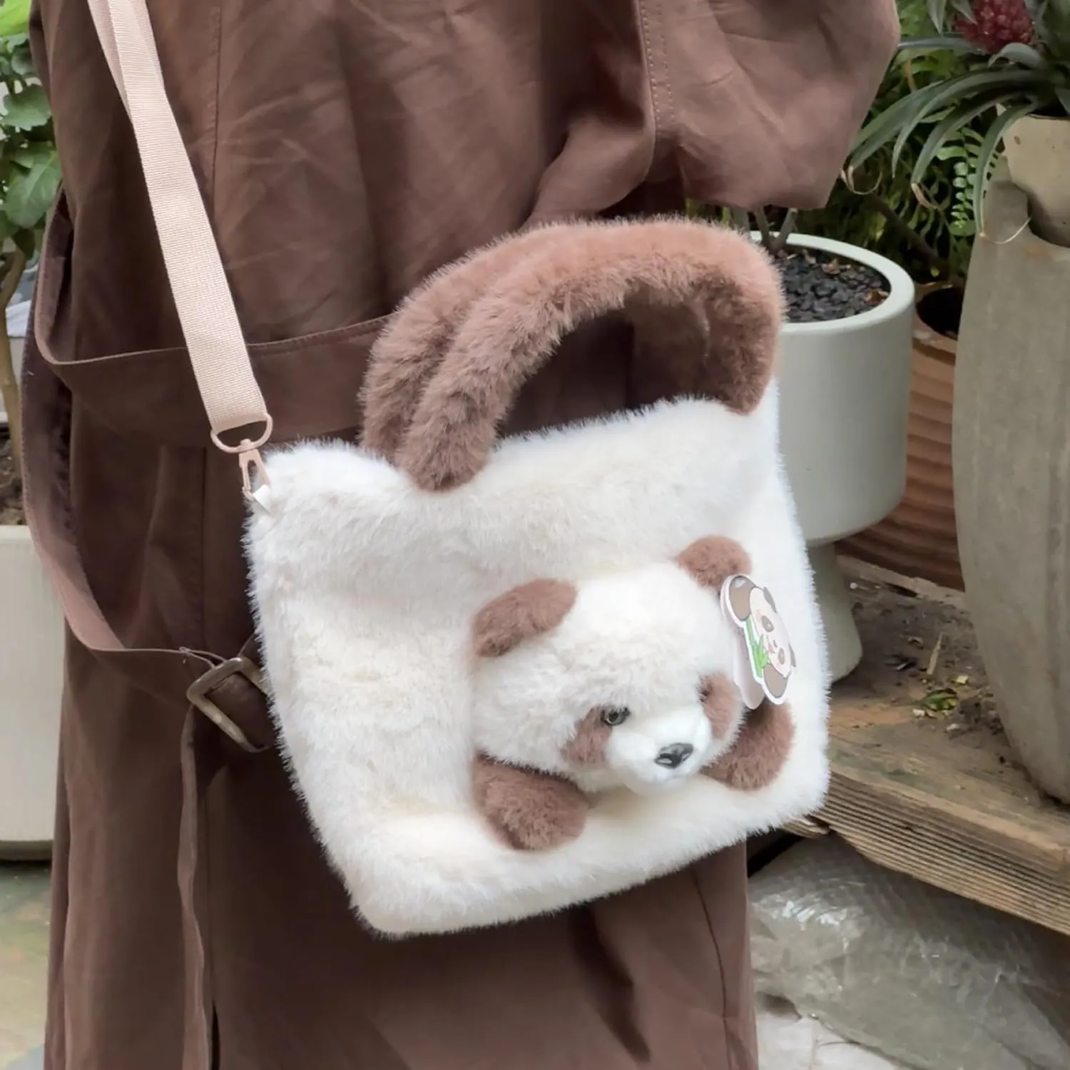Girls' Animal Plush Handbag Small Size Crossbody Bag Cute Panda Doll Furry Purse