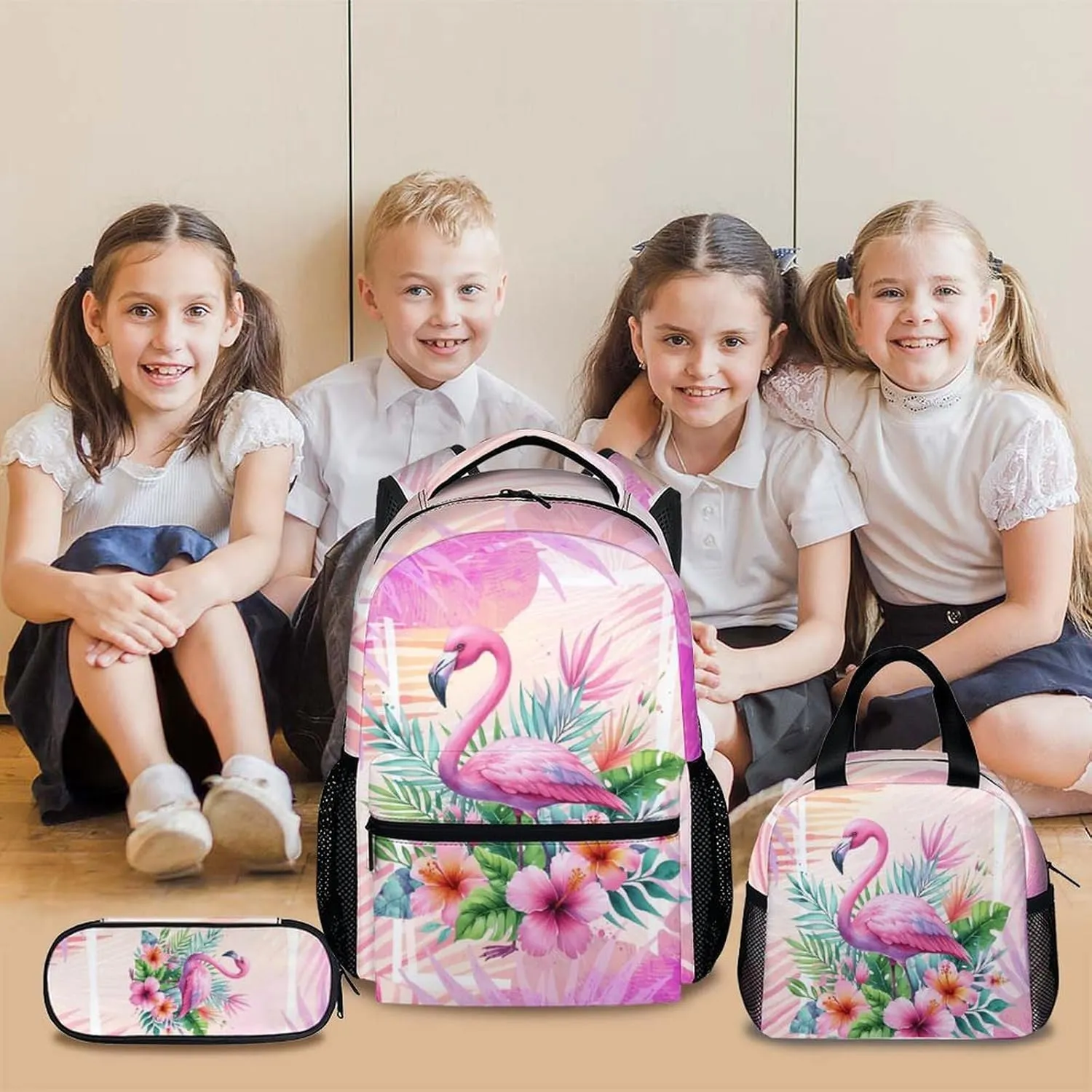 Girls Backpacks, Flamigo Backpack for Kids 3-10, Flamigo Gift, Set of 3 17 Inch Casual Elementary Kindergarten Bookbag Matching Combo for Travel School Hiking Picnic