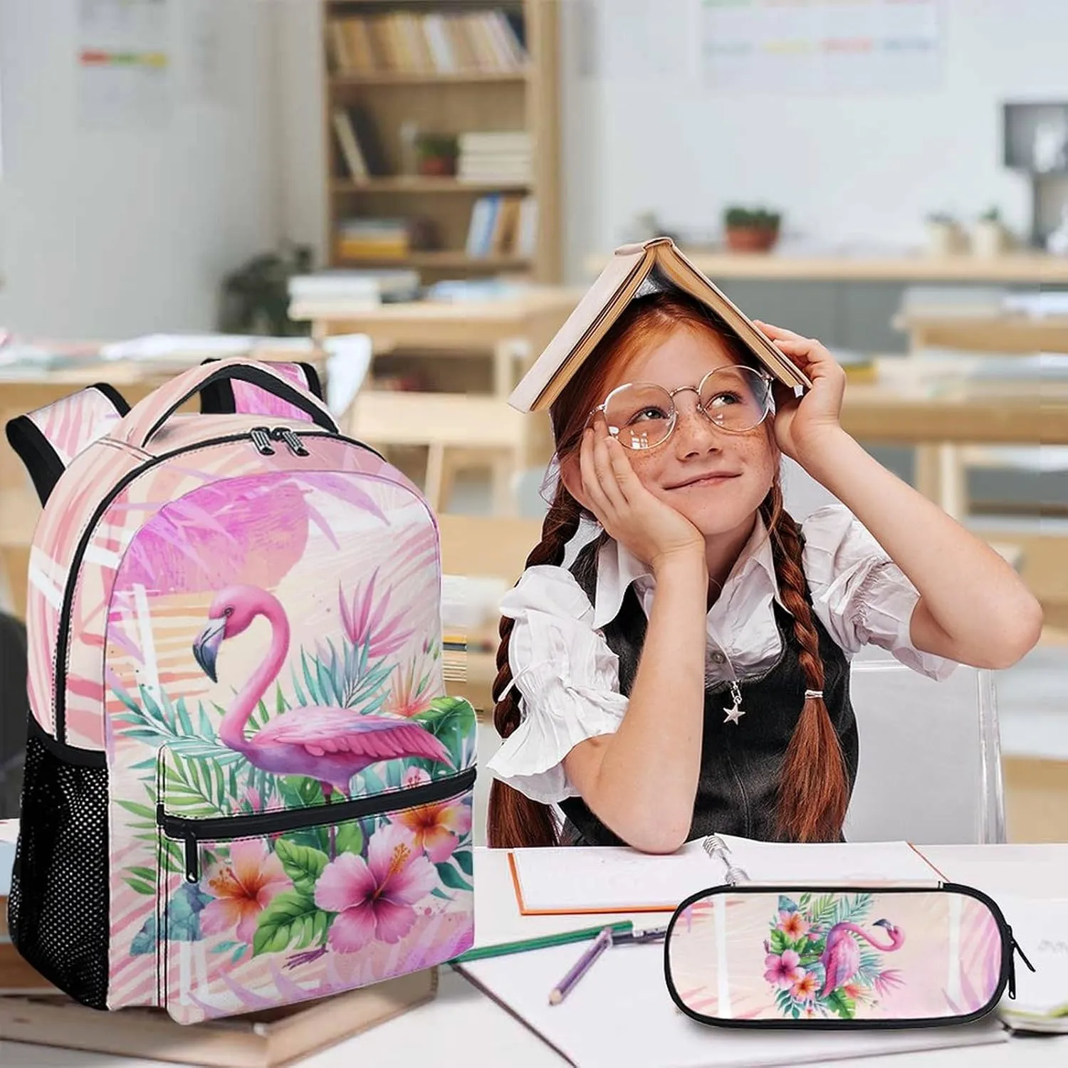 Girls Backpacks, Flamigo Backpack for Kids 3-10, Flamigo Gift, Set of 3 17 Inch Casual Elementary Kindergarten Bookbag Matching Combo for Travel School Hiking Picnic