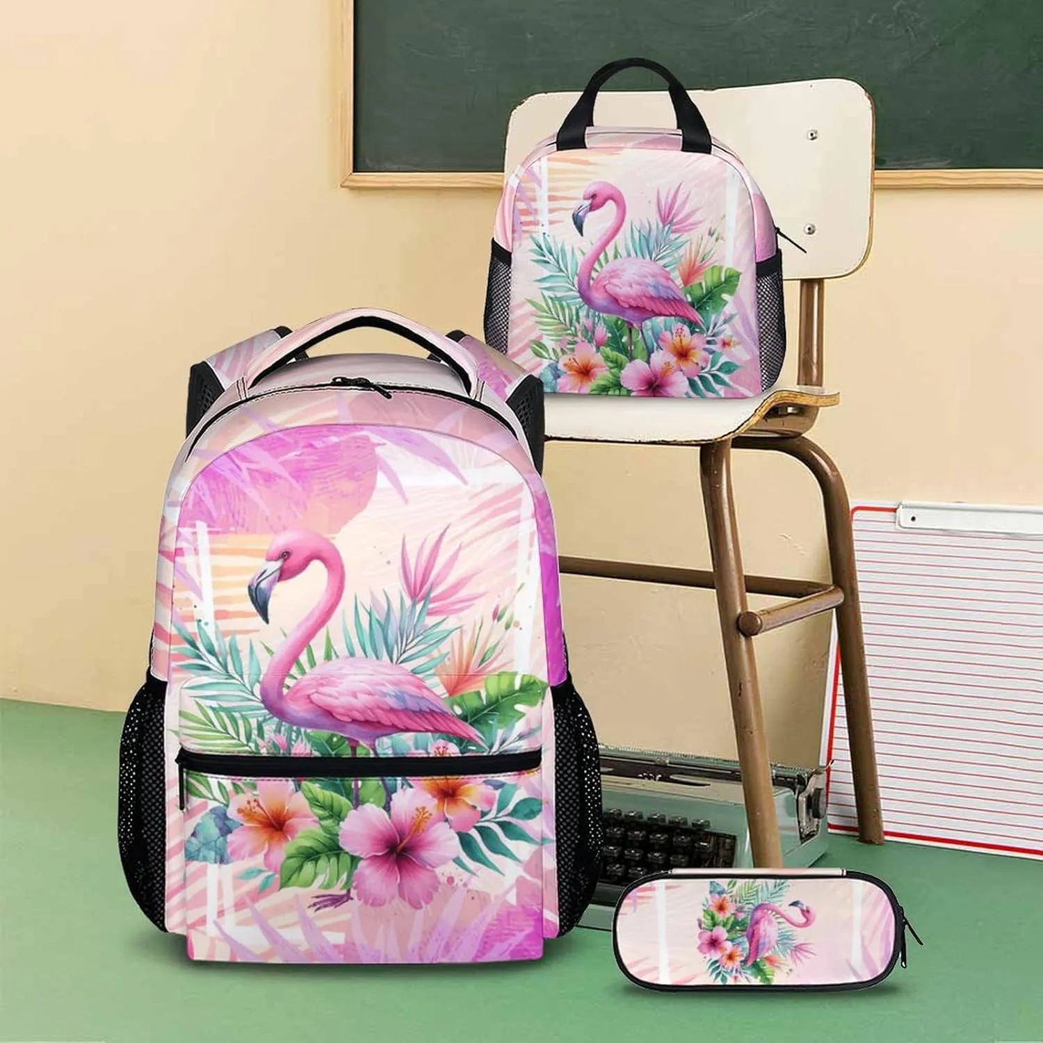 Girls Backpacks, Flamigo Backpack for Kids 3-10, Flamigo Gift, Set of 3 17 Inch Casual Elementary Kindergarten Bookbag Matching Combo for Travel School Hiking Picnic