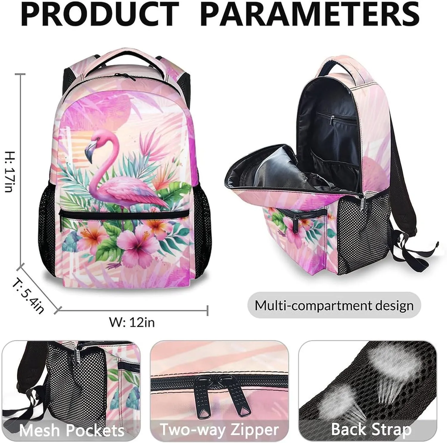 Girls Backpacks, Flamigo Backpack for Kids 3-10, Flamigo Gift, Set of 3 17 Inch Casual Elementary Kindergarten Bookbag Matching Combo for Travel School Hiking Picnic
