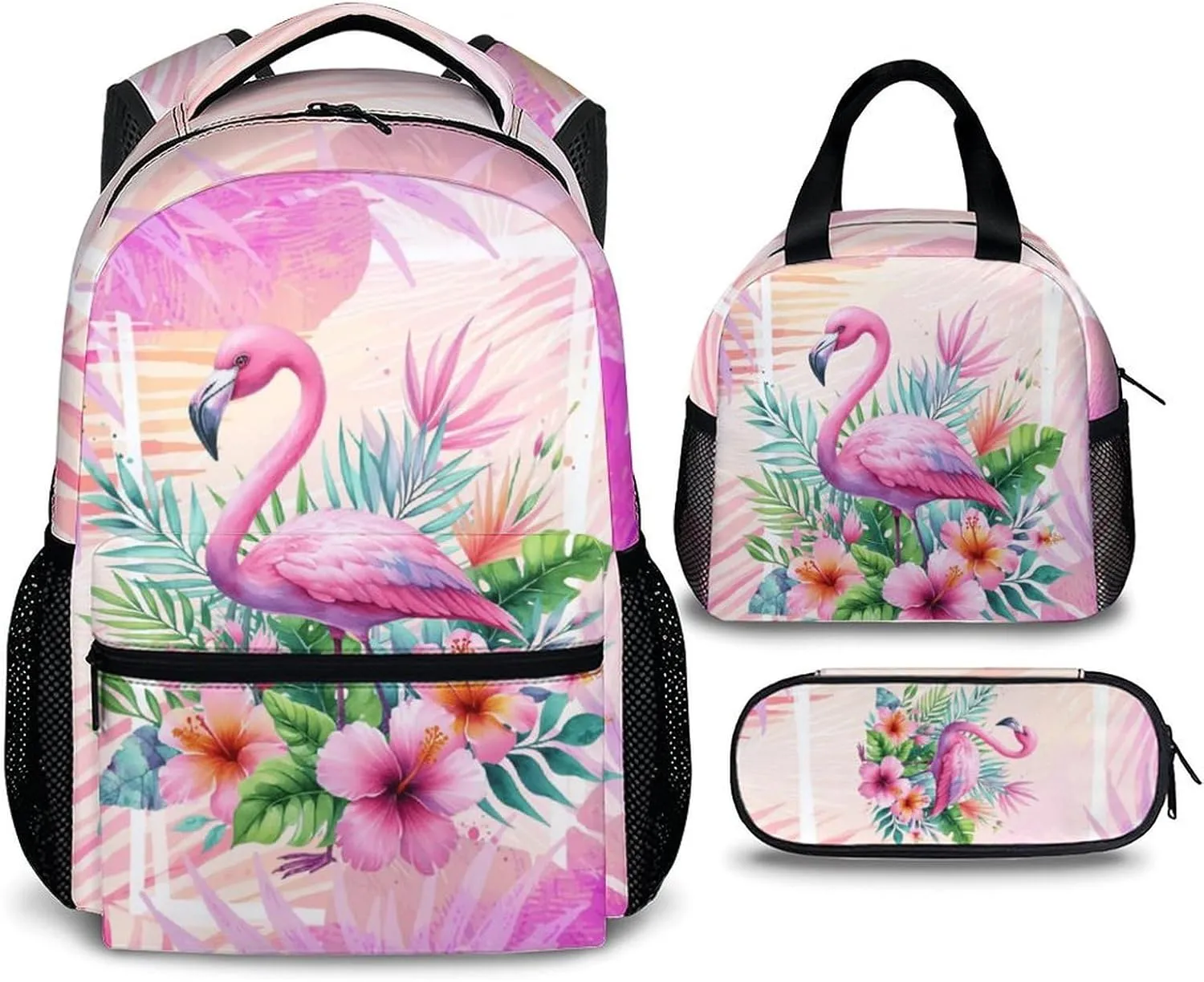 Girls Backpacks, Flamigo Backpack for Kids 3-10, Flamigo Gift, Set of 3 17 Inch Casual Elementary Kindergarten Bookbag Matching Combo for Travel School Hiking Picnic