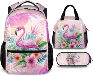 Girls Backpacks, Flamigo Backpack for Kids 3-10, Flamigo Gift, Set of 3 17 Inch Casual Elementary Kindergarten Bookbag Matching Combo for Travel School Hiking Picnic