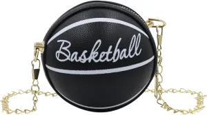 Girls Basketball Letter Crossbody Purse, Mini Round Ball Crossbody Purse, Shoulder Bag for Girls, Black, 3.9 inches