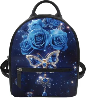 Girls Mini Backpack Casual Backpack Purse for Women PU Leather Daypack Kids Schoolbag with Zipper and Adjustable Straps Travel Shoulder Bag, Blue Rose Butterfly Print