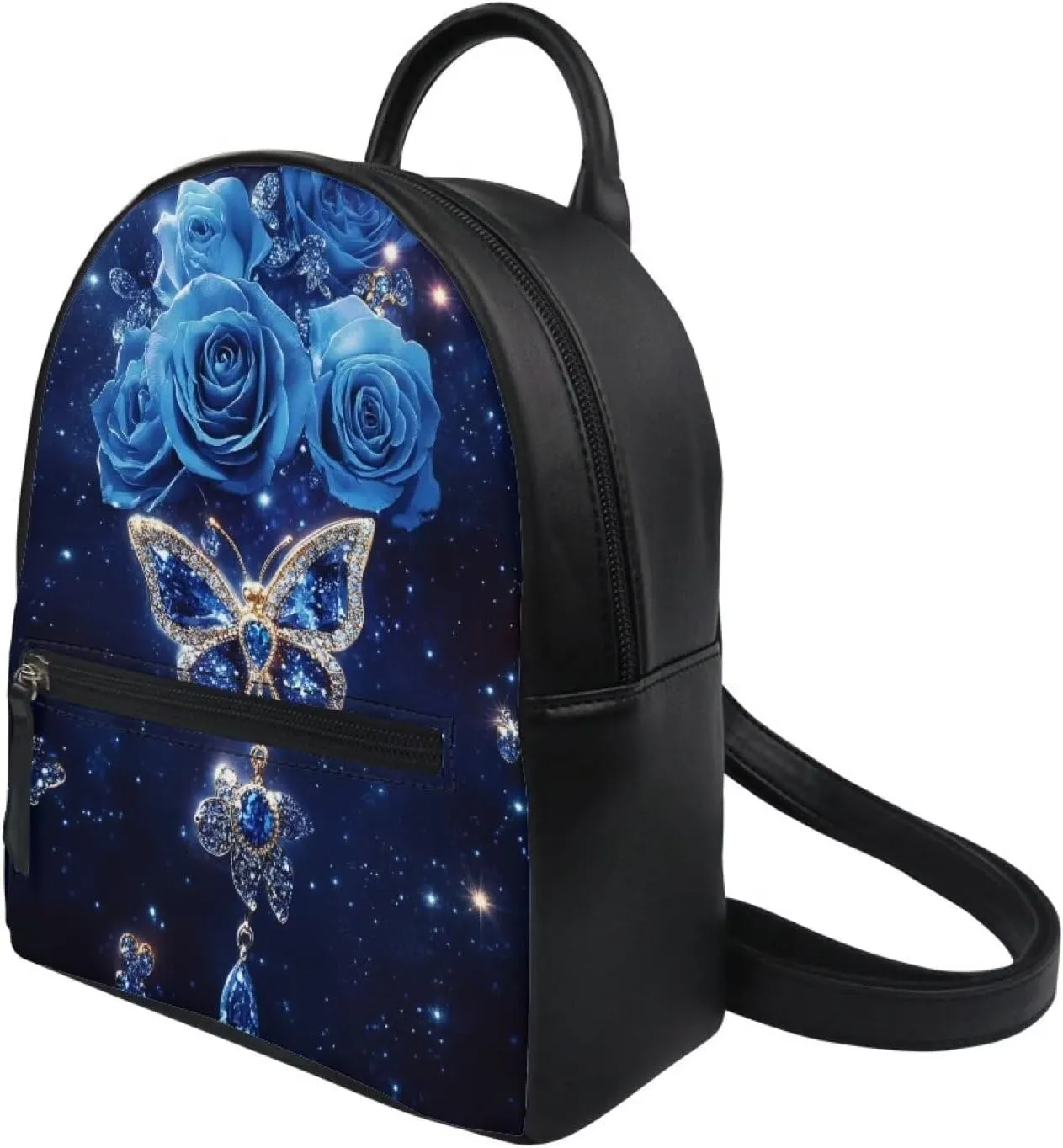 Girls Mini Backpack Casual Backpack Purse for Women PU Leather Daypack Kids Schoolbag with Zipper and Adjustable Straps Travel Shoulder Bag, Blue Rose Butterfly Print