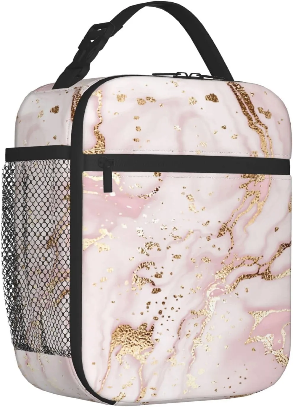 Golden Pink Marble Lunch Bag For Women Men Insulated Lunch Box Portable Lunch Tote Bag,Reusable Leakproof Thermal Cooler Sack Food Handbags Case High Capacity For Work School Travel Picnic