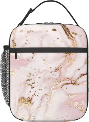 Golden Pink Marble Lunch Bag For Women Men Insulated Lunch Box Portable Lunch Tote Bag,Reusable Leakproof Thermal Cooler Sack Food Handbags Case High Capacity For Work School Travel Picnic