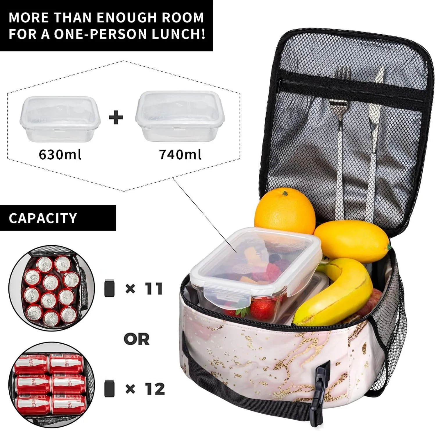 Golden Pink Marble Lunch Bag For Women Men Insulated Lunch Box Portable Lunch Tote Bag,Reusable Leakproof Thermal Cooler Sack Food Handbags Case High Capacity For Work School Travel Picnic