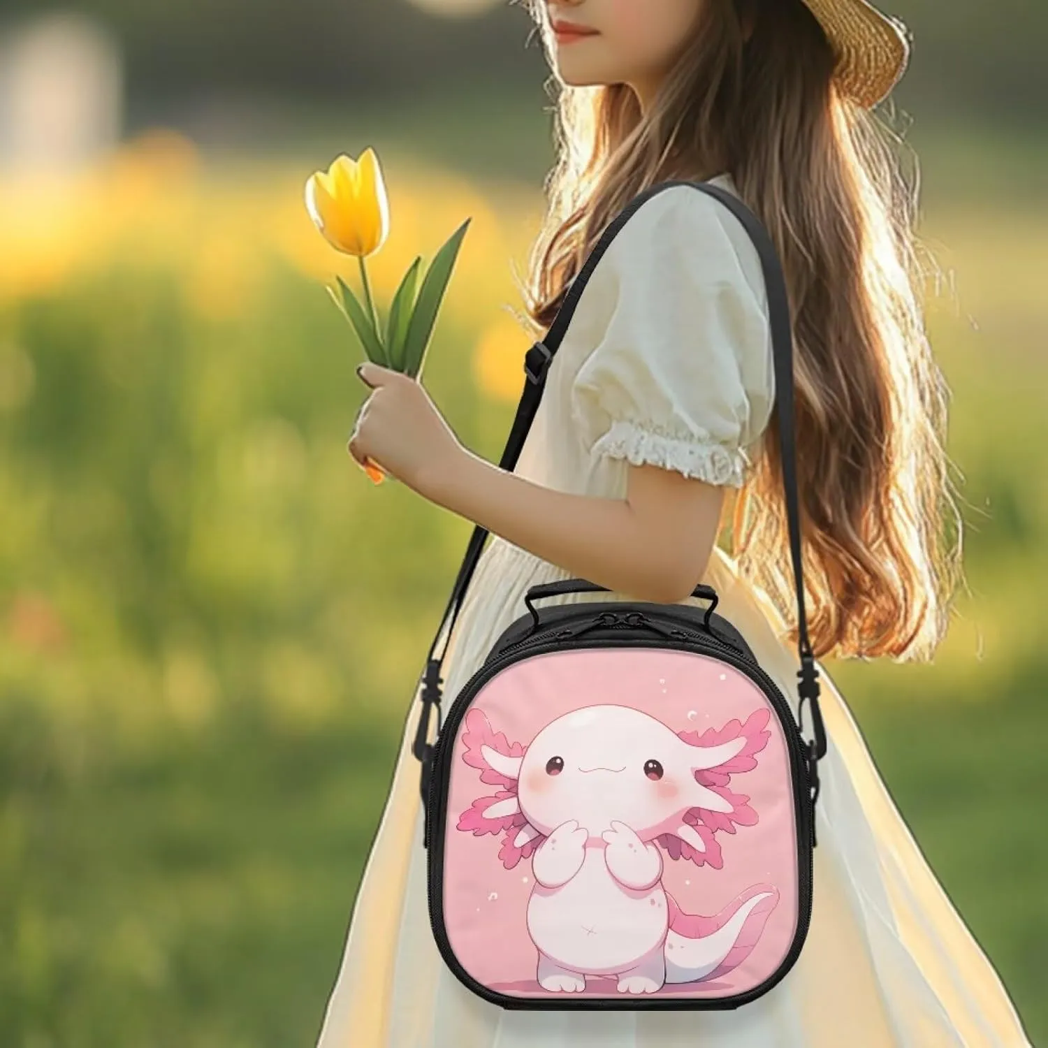 Gomyblomy Cute Axolotl Lunch Bag for Girls 4-6 6-8 Kids Pink Lunch Box with Strap Insulated Bento Lunch Bags Thermal Snack Container Reusable Meal Kit for School Picnic Travel