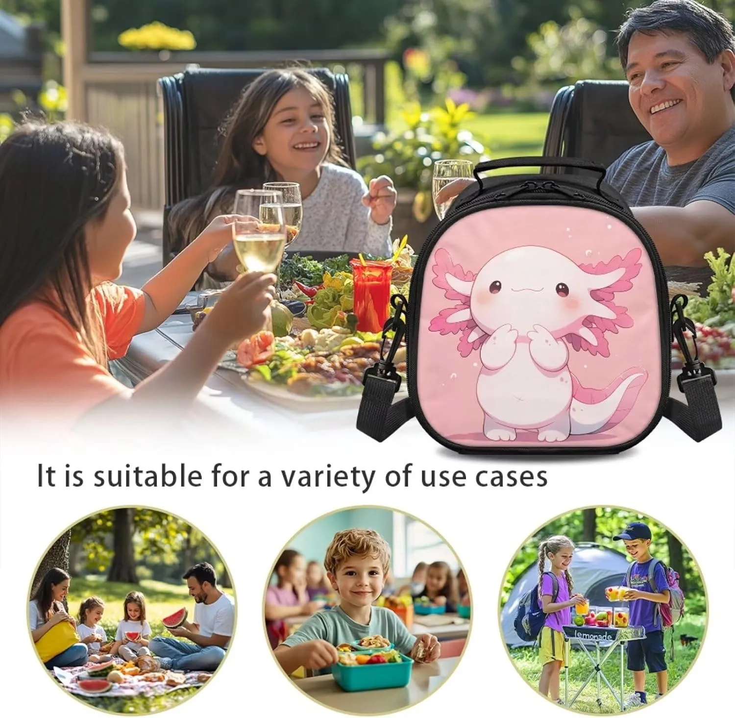 Gomyblomy Cute Axolotl Lunch Bag for Girls 4-6 6-8 Kids Pink Lunch Box with Strap Insulated Bento Lunch Bags Thermal Snack Container Reusable Meal Kit for School Picnic Travel