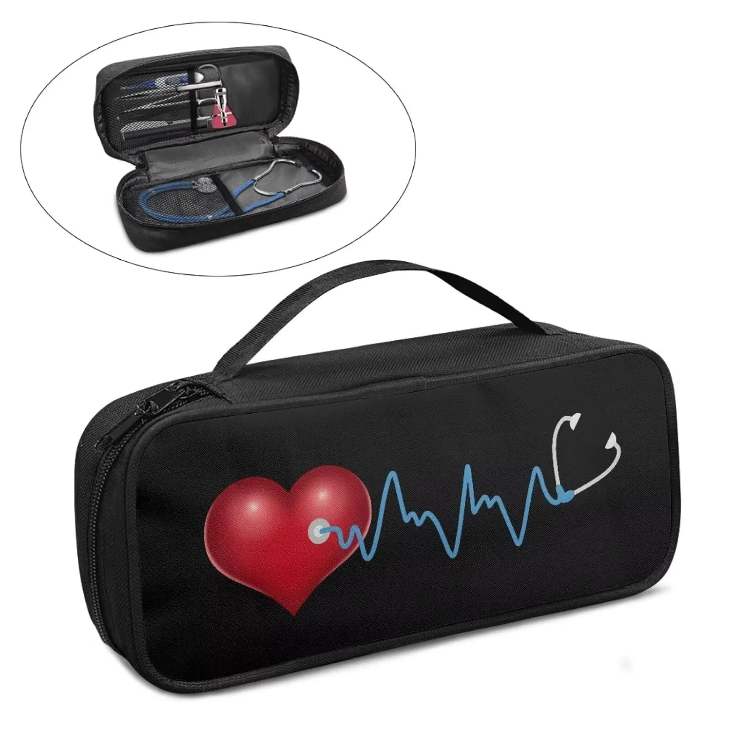 Gomyblomy Heart Print Stethoscope Case Lightweight Stethoscope Holder Storage Bag with Extra Room for Nurses and Doctors, Black Stethoscope Carrying Case Fit for Most Stethoscopes