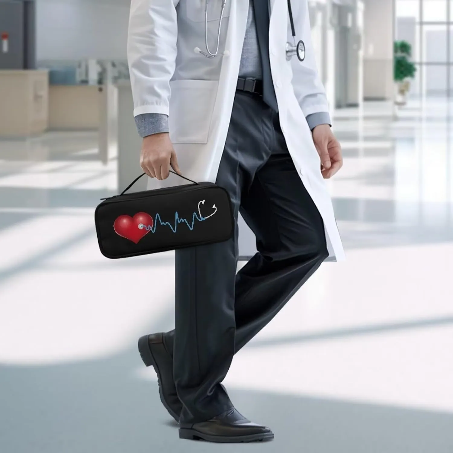 Gomyblomy Heart Print Stethoscope Case Lightweight Stethoscope Holder Storage Bag with Extra Room for Nurses and Doctors, Black Stethoscope Carrying Case Fit for Most Stethoscopes