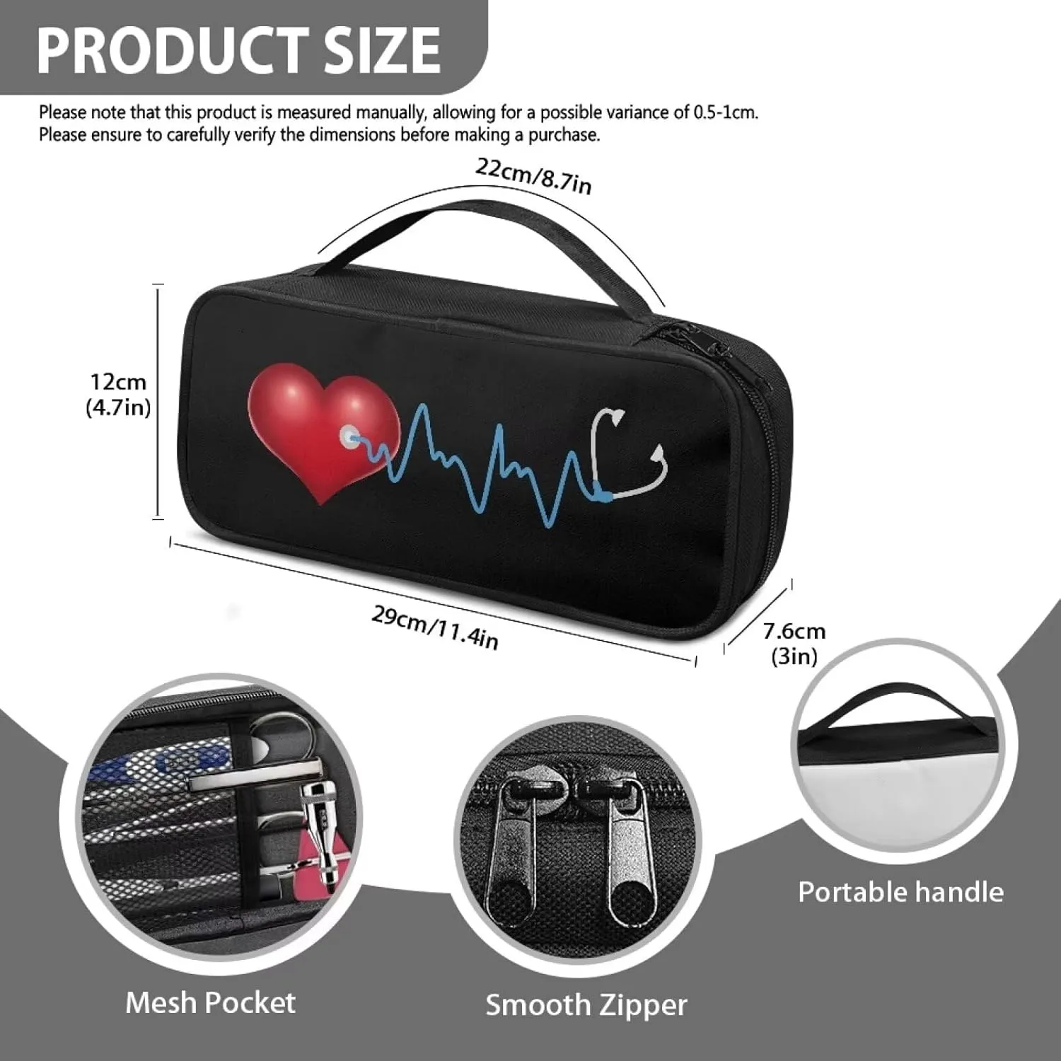 Gomyblomy Heart Print Stethoscope Case Lightweight Stethoscope Holder Storage Bag with Extra Room for Nurses and Doctors, Black Stethoscope Carrying Case Fit for Most Stethoscopes