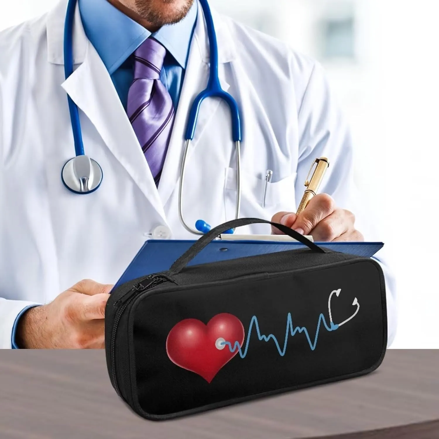 Gomyblomy Heart Print Stethoscope Case Lightweight Stethoscope Holder Storage Bag with Extra Room for Nurses and Doctors, Black Stethoscope Carrying Case Fit for Most Stethoscopes