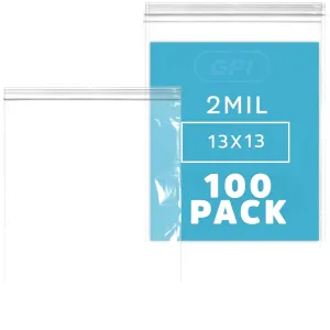 GPI - 13" x 13" Pack of 100, Clear Plastic Reclosable Zip Bags, Large Bulk 2 mil Thick Strong & Durable Poly Baggies with Resealable Zip Top Lock for Scrapbook, Travel, Storage, Packaging & Shipping.